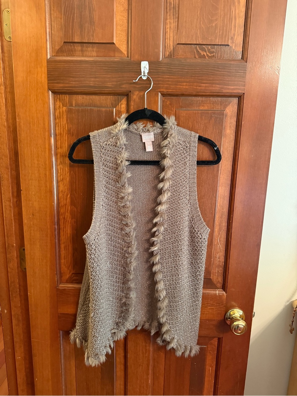 Chico's Taupe Knit Vest with Faux-Fur Trim